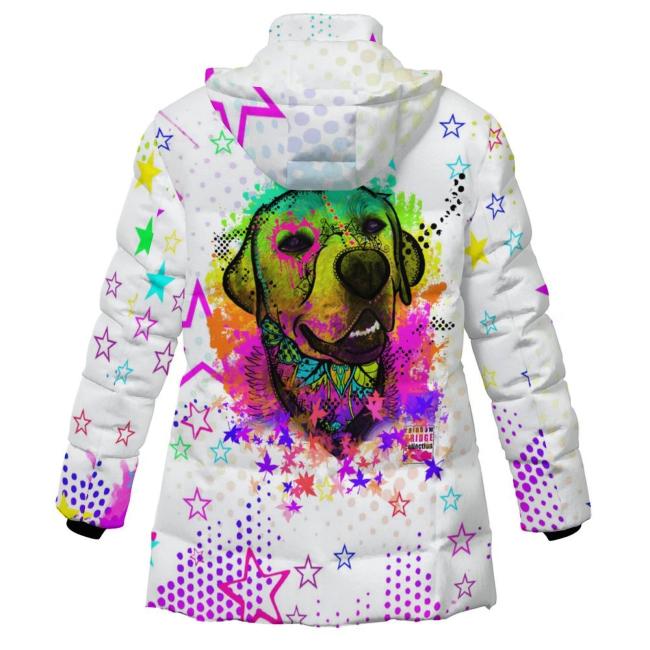 Warme Winterjacke mit Hundemotiv Leo– Popart Hundemotiv, 96% Polyester, 4% Spandex Unisex, bunt, Größe S-6XL,Mischling, Mix, Labrador, Labbi